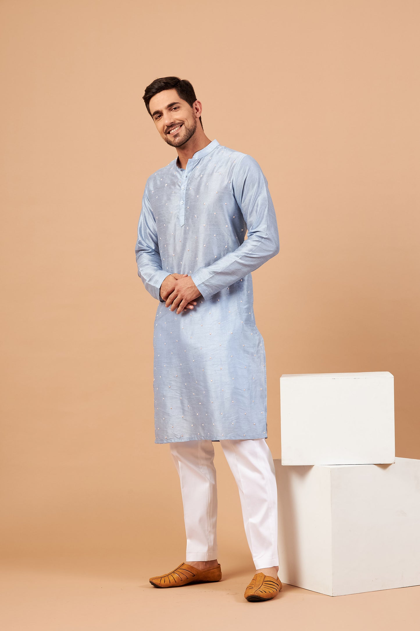 Sky Blue Semi Raw Silk Machine Embroidered Festive ( only Kurta )