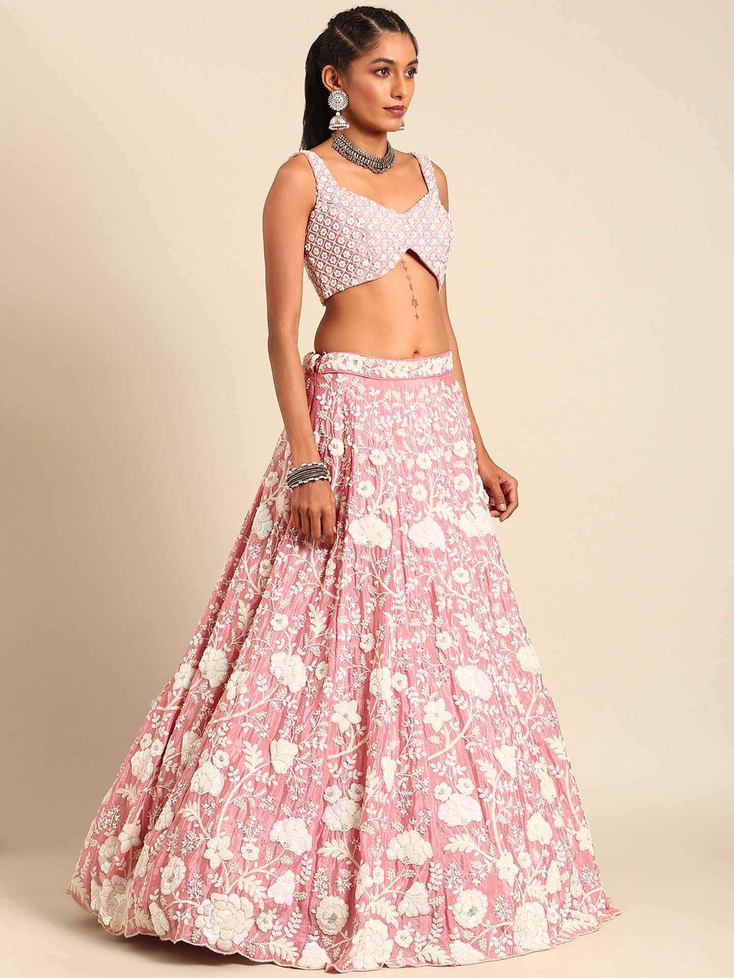 Rose Gold Chinon Sequins and Zarkan embroidery Lehenga