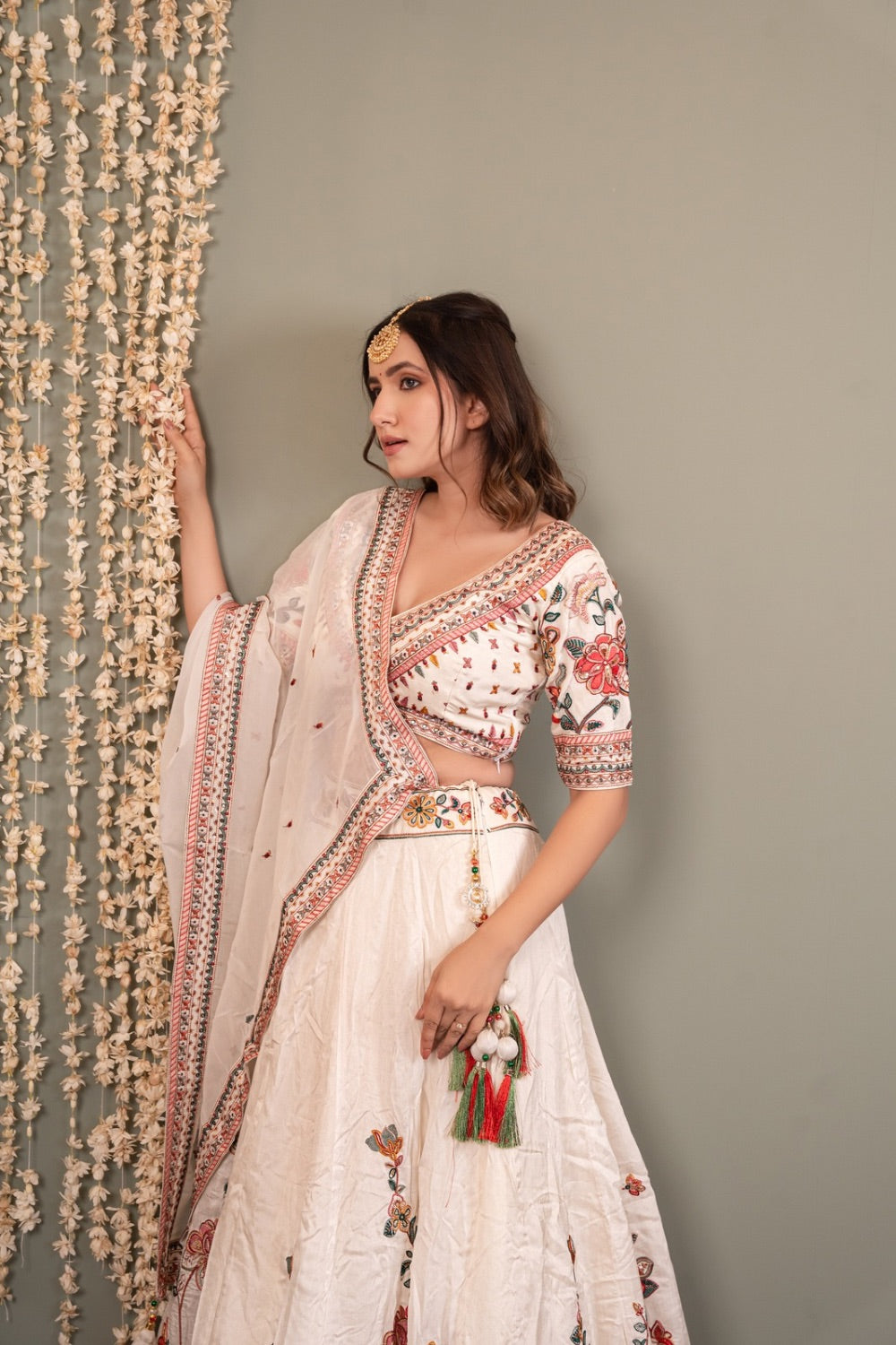 White soft silk lehenga choli with machine work