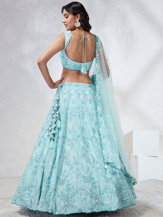 Turquoise Blue Georgette Sequins and thread embroidery Lehenga