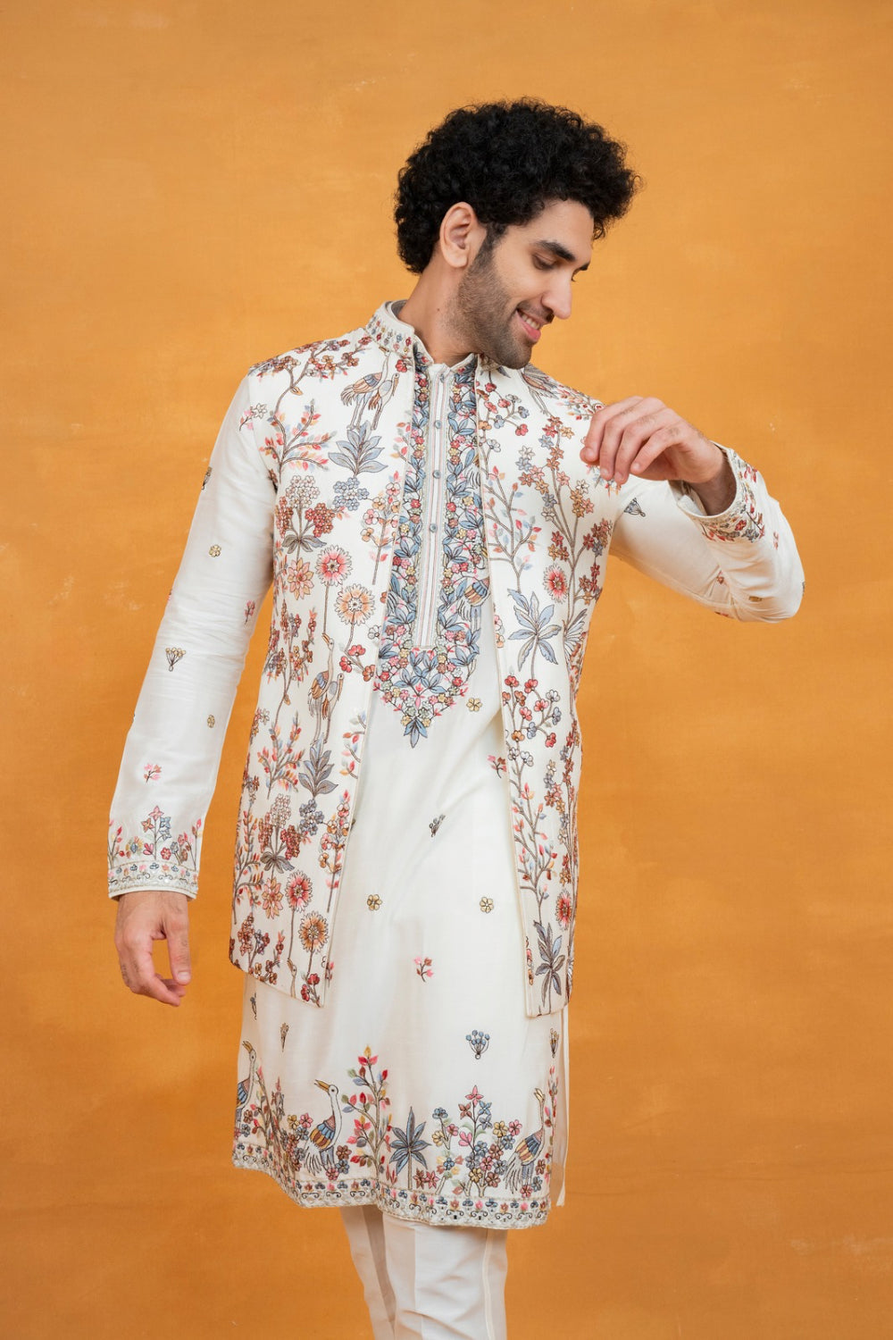 White silk open koti set with multicolour floral thread embroidery