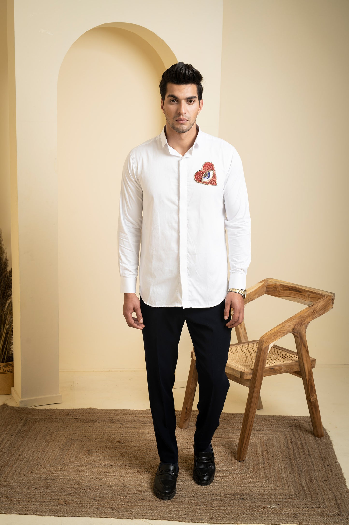 White Cotton satin Redert Intricate Embroidered Shirt