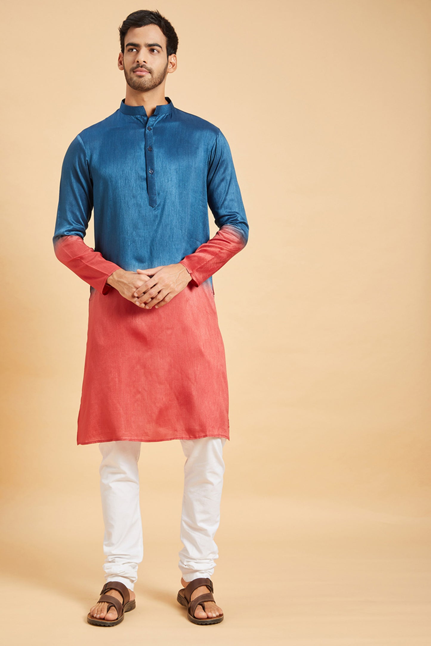 Blue & Red Raw Silk Ombre Festive ( only Kurta )