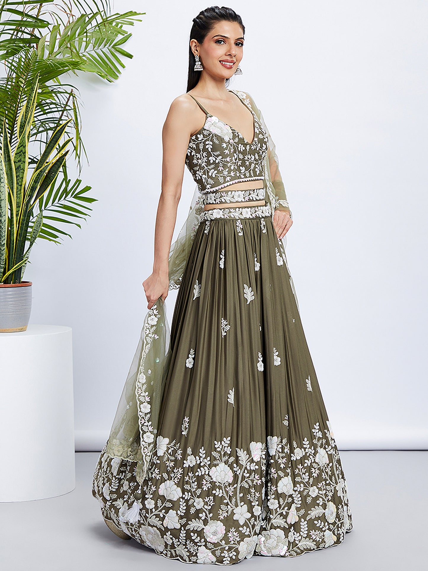Olive Pure Georgette Sequins and thread embroidery Lehenga