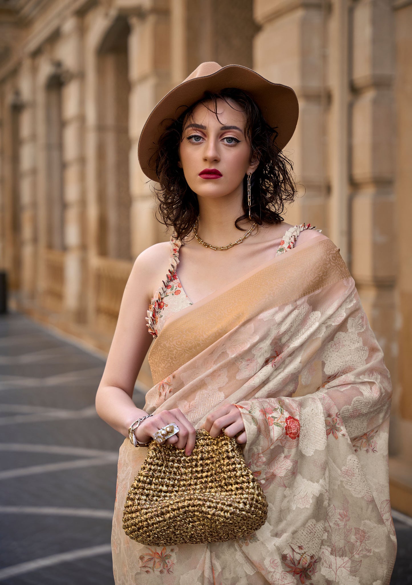 Beige and Copper Kinsel Printed Poly Handloom Saree