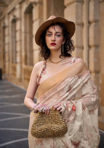 Beige and Copper Kinsel Printed Poly Handloom Saree