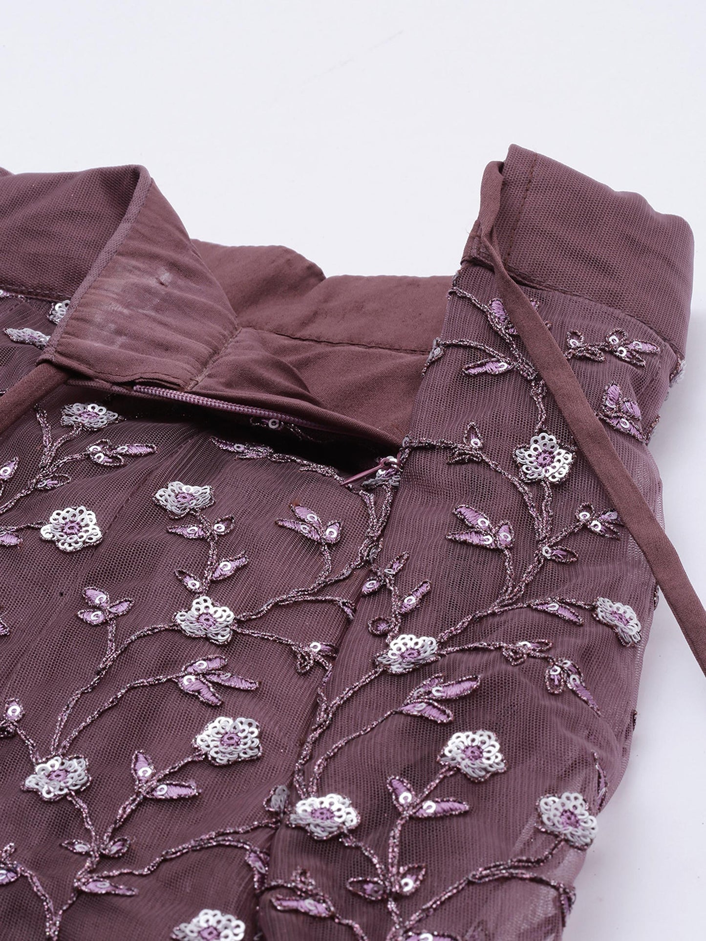 Burgundy Net Semi Stitched Coding, Sequins and Mirror work Lehenga Choli
