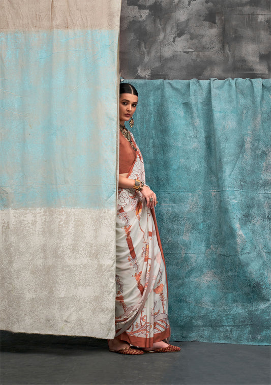 off white Kernia's Printed Pure Silk Crepe Saree