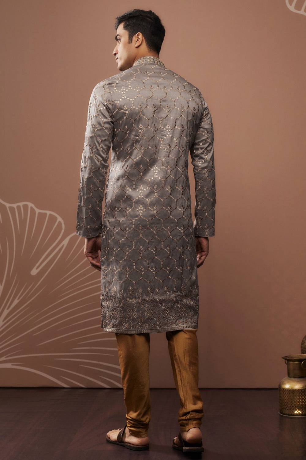Grey silk kurta set with hand and machine work