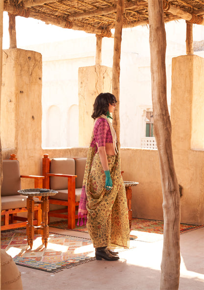 Pale Yellow Komet Printed Zari Handloom Tissue Saree