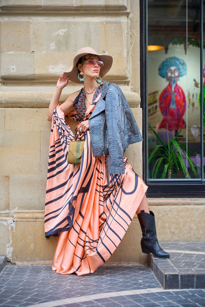 Orange Klutch Japan Satin Print Saree