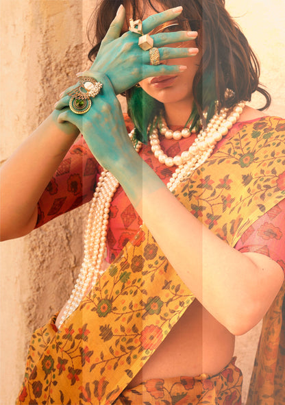 Pale Yellow Komet Printed Zari Handloom Tissue Saree