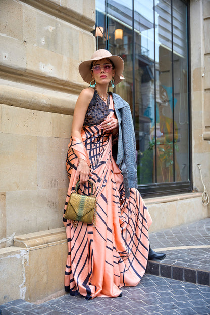 Orange Klutch Japan Satin Print Saree