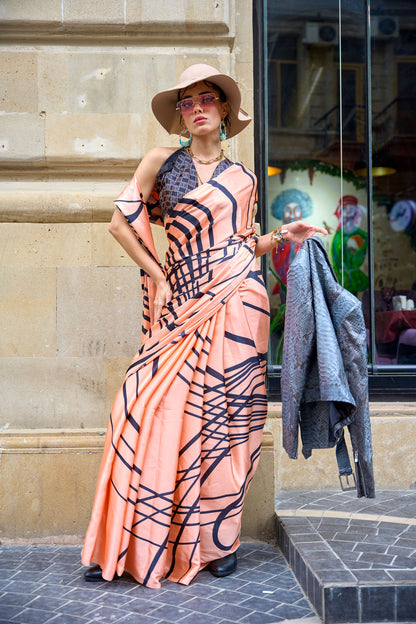 Orange Klutch Japan Satin Print Saree