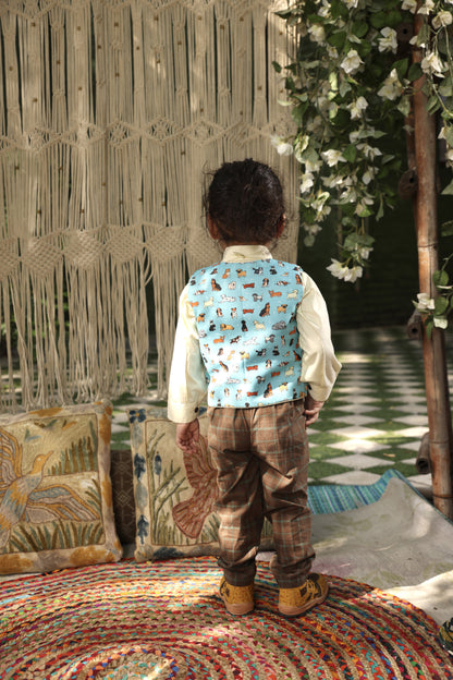 Blue Printed Waist Coat Set