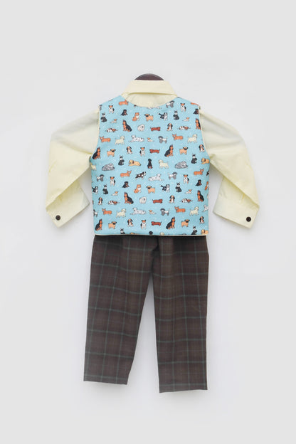 Blue Printed Waist Coat Set