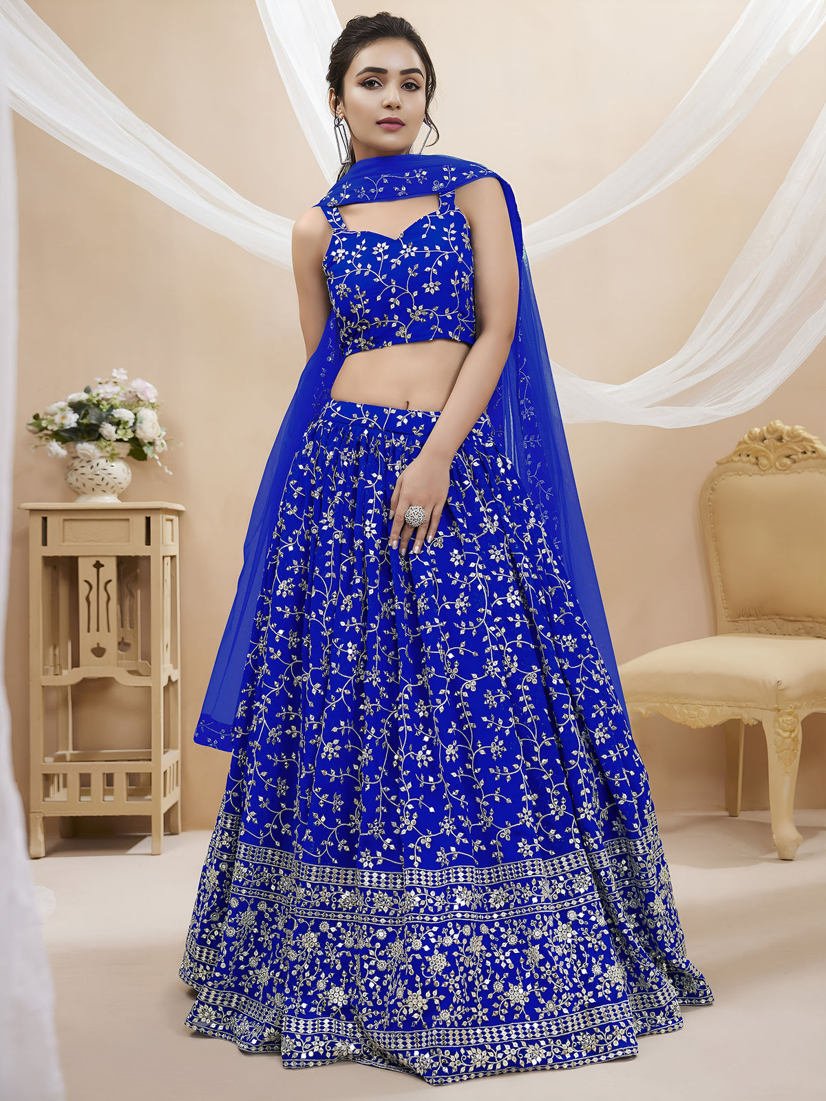 Royal Blue Sequins Zari Embroidered Georgette Bridesmaid Lehenga for Wedding