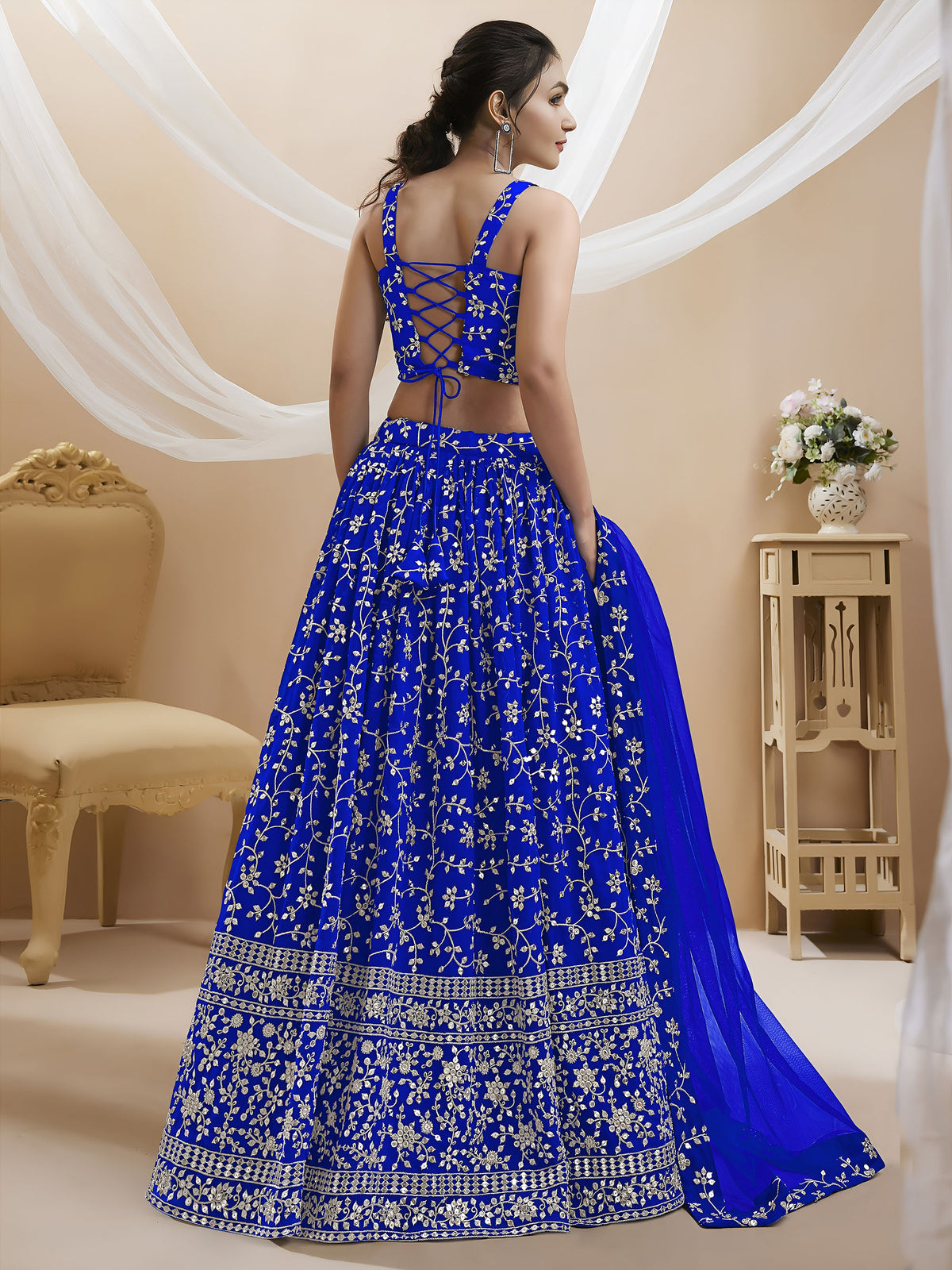Royal Blue Sequins Zari Embroidered Georgette Bridesmaid Lehenga for Wedding