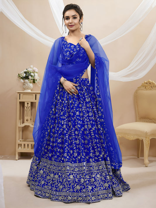 Royal Blue Sequins Zari Embroidered Georgette Bridesmaid Lehenga for Wedding