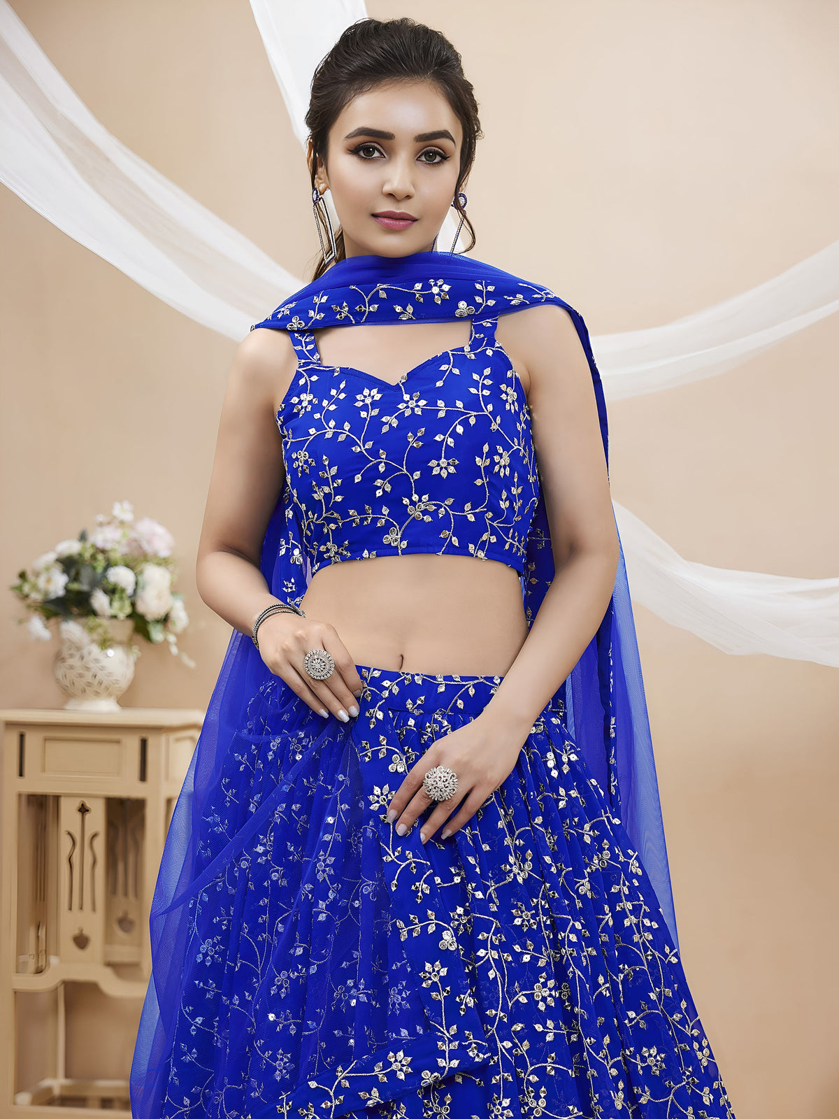 Royal Blue Sequins Zari Embroidered Georgette Bridesmaid Lehenga for Wedding
