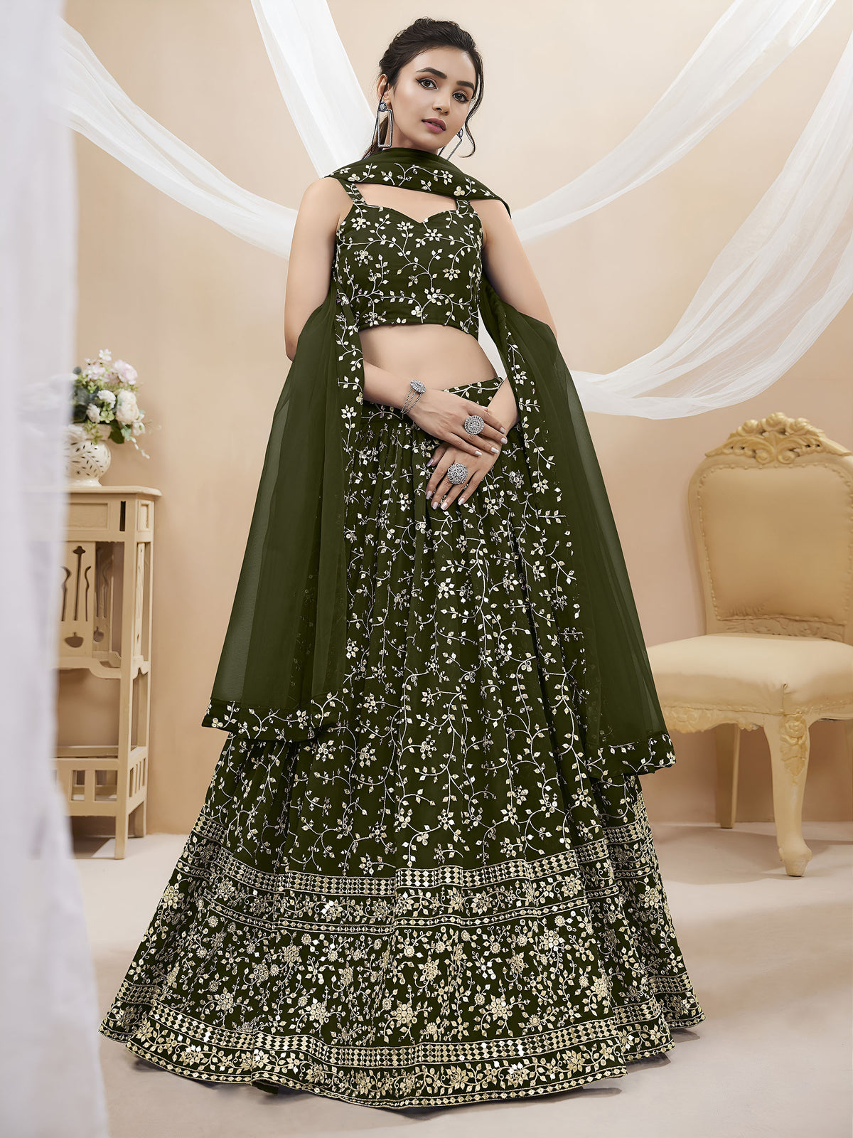 Green Sequins Zari Embroidered Georgette Bridesmaid Lehenga for Mehendi