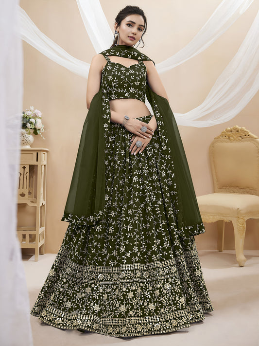 Green Sequins Zari Embroidered Georgette Bridesmaid Lehenga for Mehendi