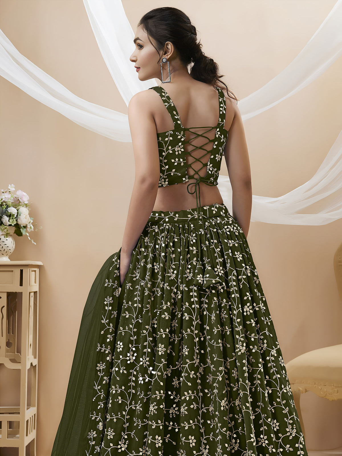 Green Sequins Zari Embroidered Georgette Bridesmaid Lehenga for Mehendi