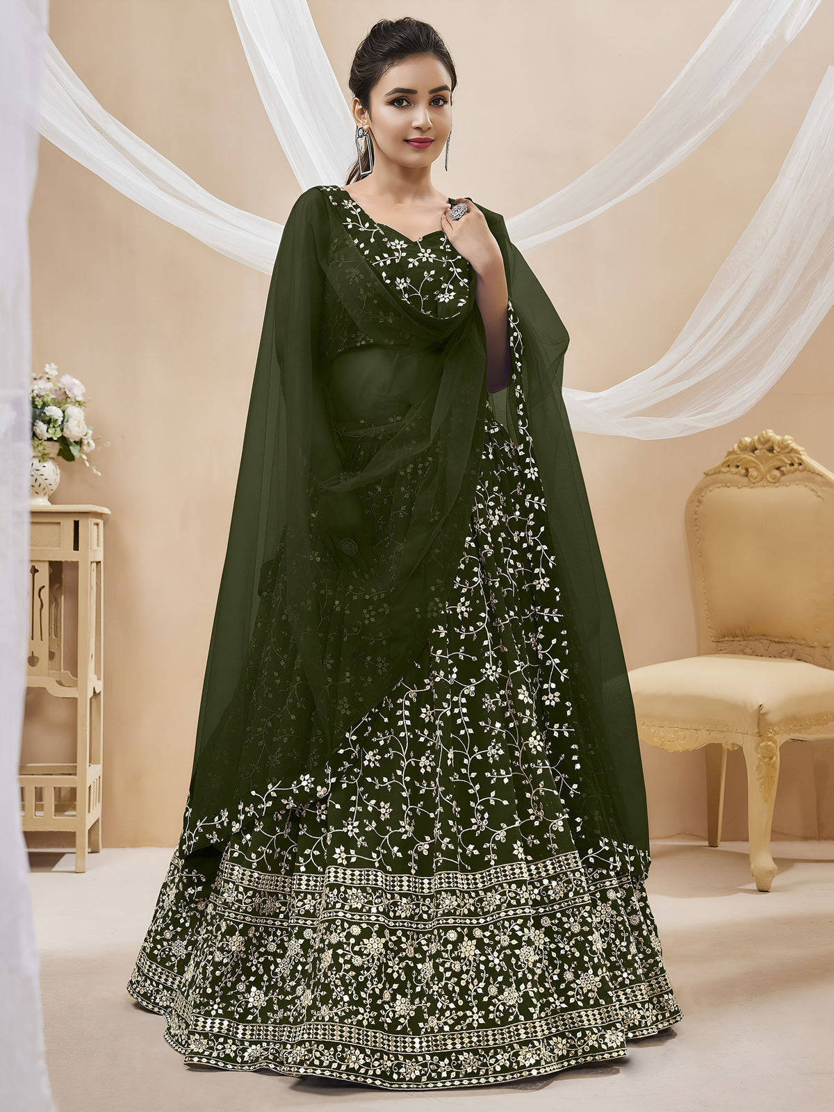 Green Sequins Zari Embroidered Georgette Bridesmaid Lehenga for Mehendi