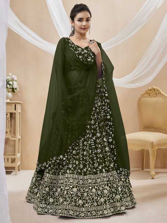Green Sequins Zari Embroidered Georgette Bridesmaid Lehenga for Mehendi