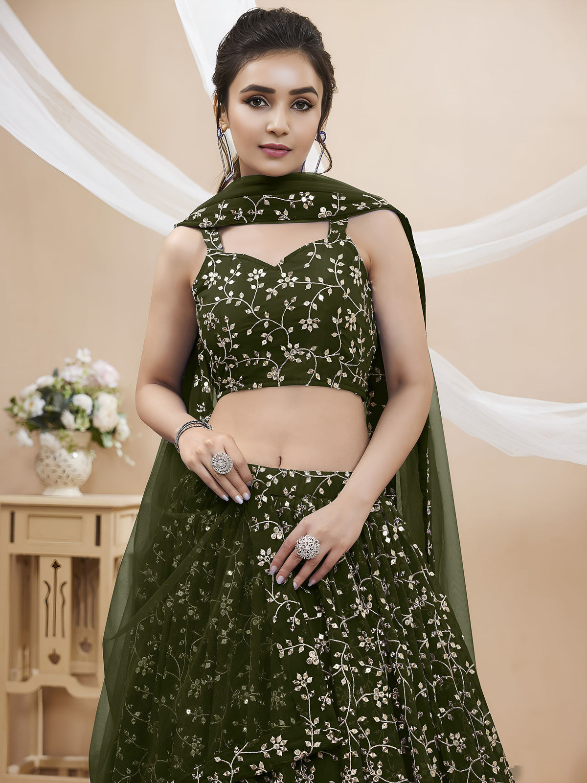 Green Sequins Zari Embroidered Georgette Bridesmaid Lehenga for Mehendi