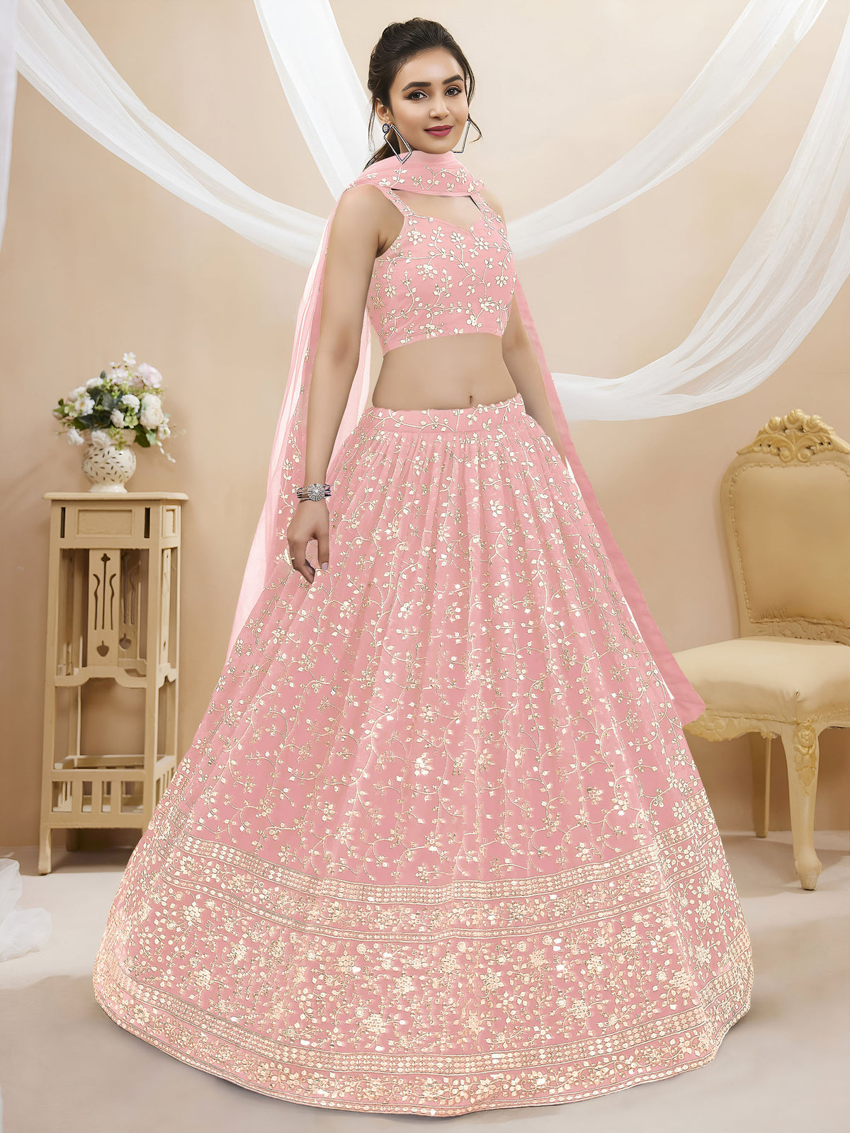 Pink Sequins Zari Embroidered Georgette Lehenga for Wedding Guest