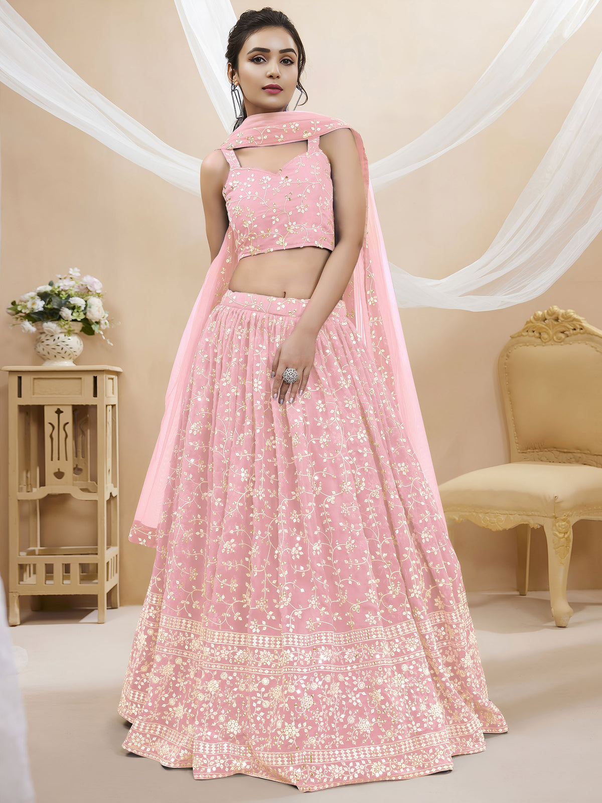 Pink Sequins Zari Embroidered Georgette Lehenga for Wedding Guest
