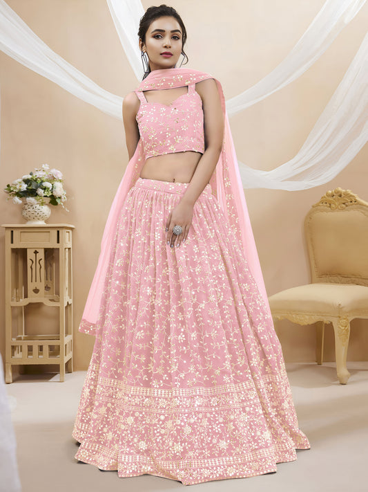 Pink Sequins Zari Embroidered Georgette Lehenga for Wedding Guest