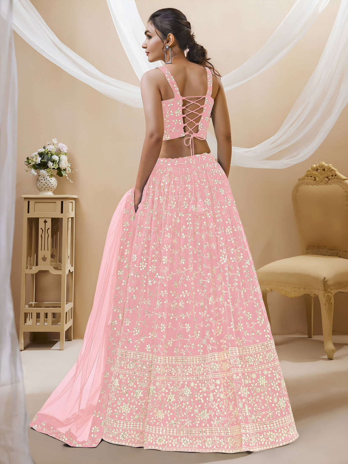 Pink Sequins Zari Embroidered Georgette Lehenga for Wedding Guest