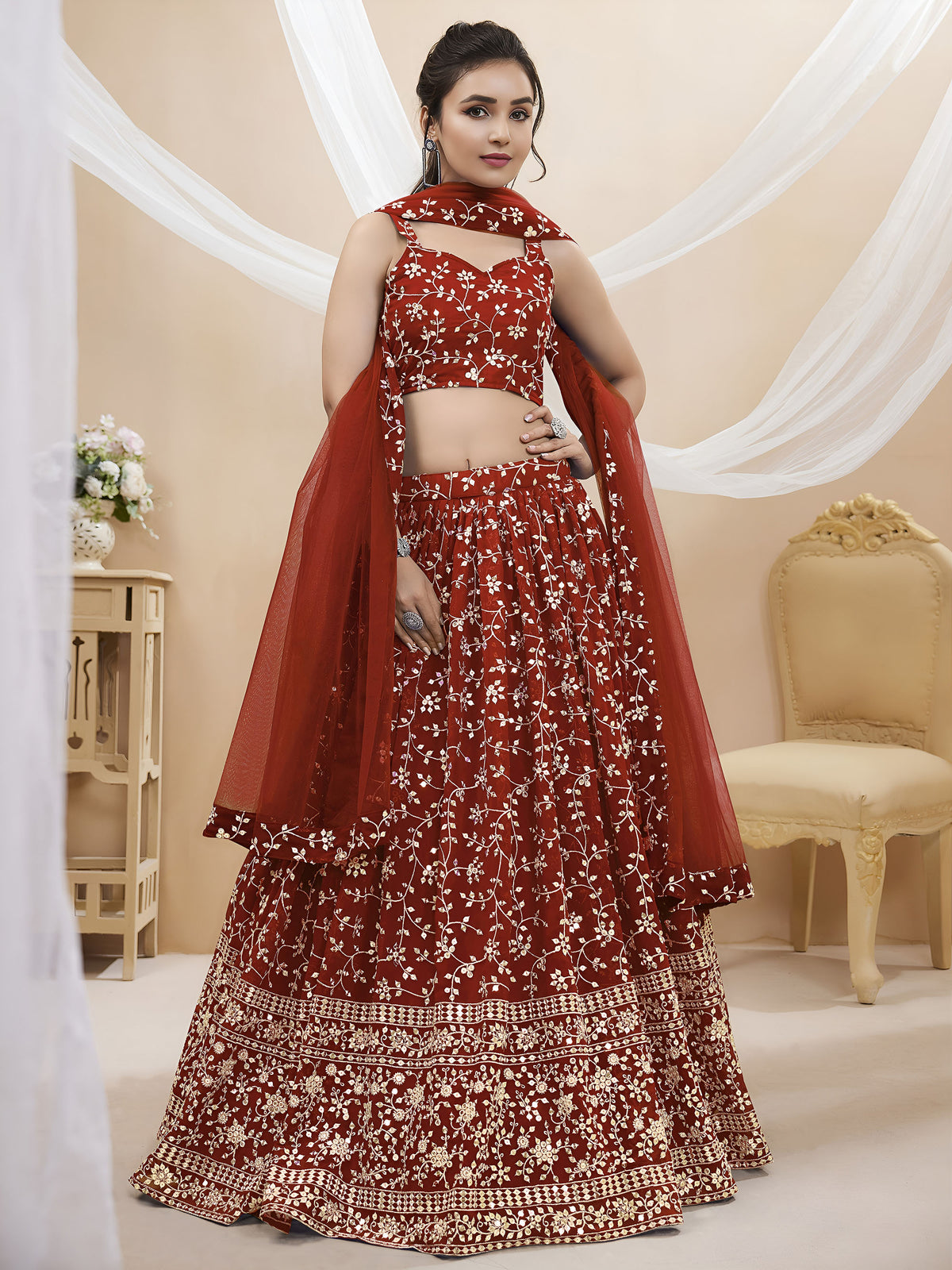 Red Sequins Zari Embroidered Georgette Bridesmaid Lehenga for Wedding
