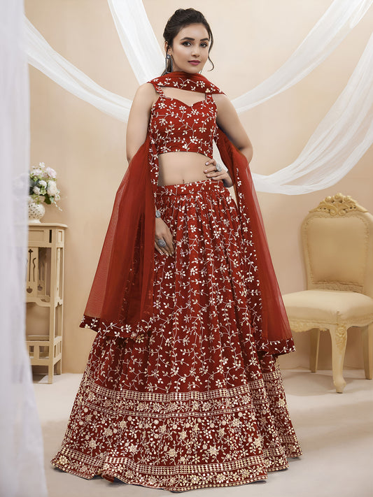 Red Sequins Zari Embroidered Georgette Bridesmaid Lehenga for Wedding