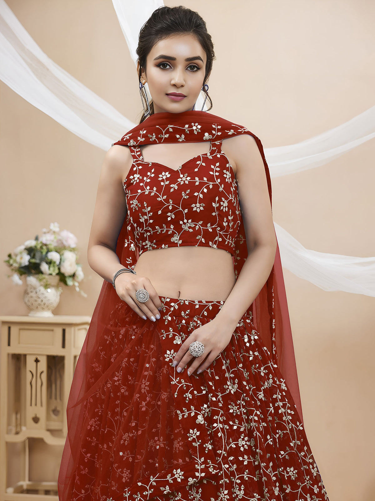 Red Sequins Zari Embroidered Georgette Bridesmaid Lehenga for Wedding
