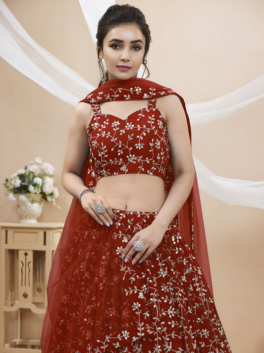 Red Sequins Zari Embroidered Georgette Bridesmaid Lehenga for Wedding