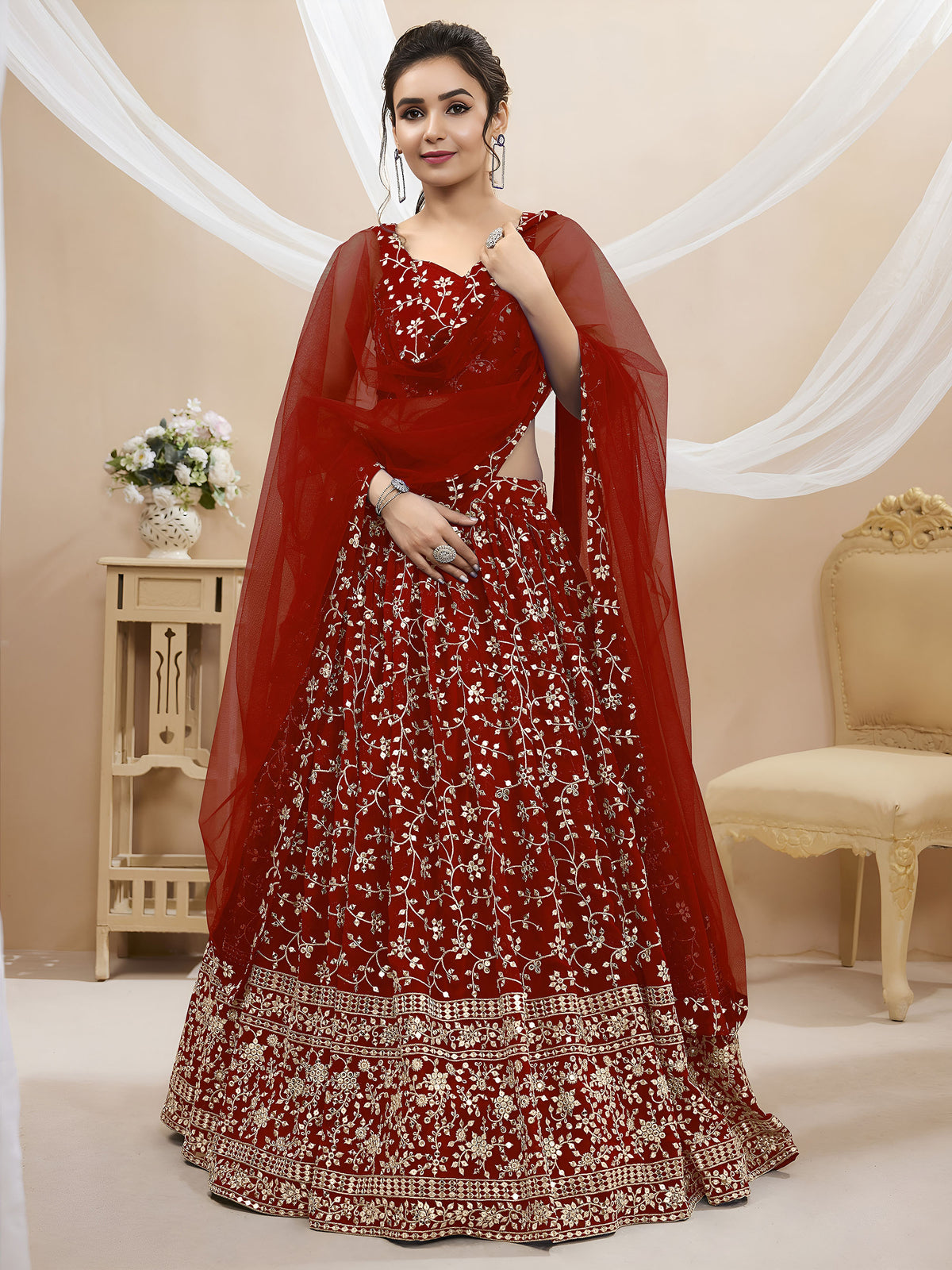 Red Sequins Zari Embroidered Georgette Bridesmaid Lehenga for Wedding