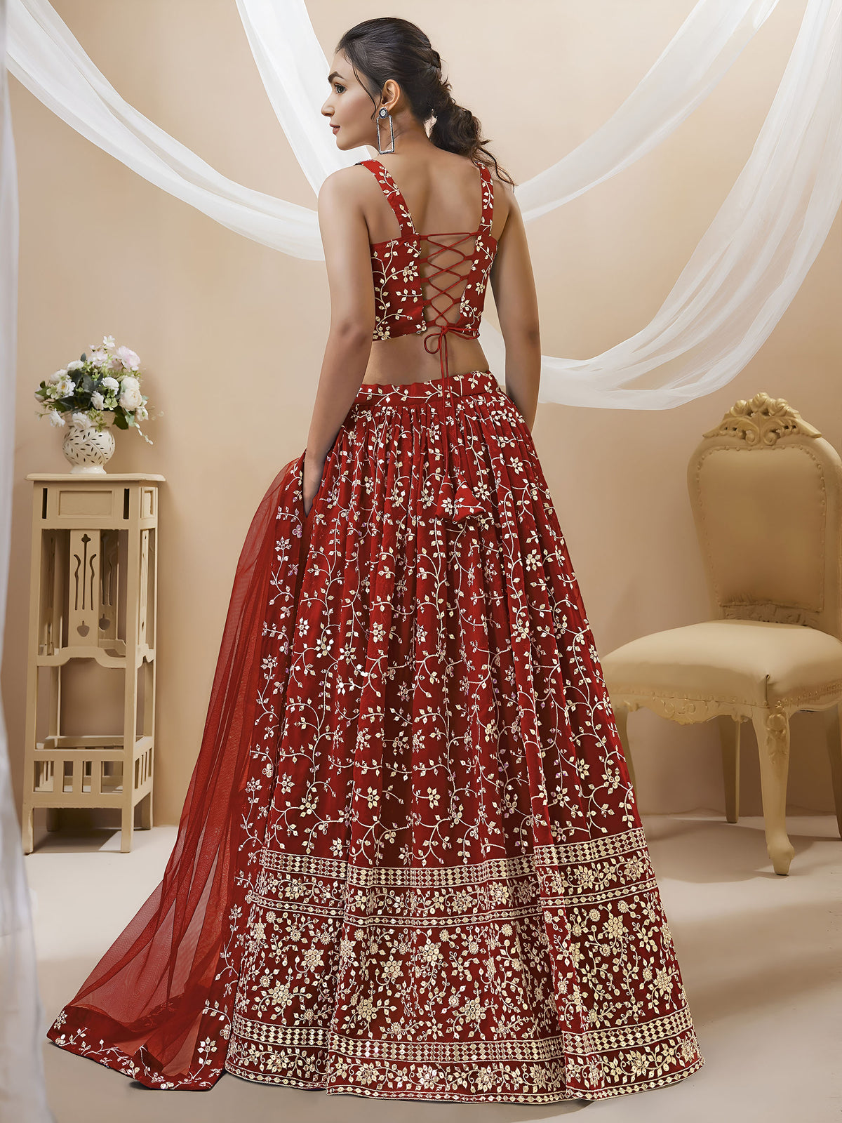 Red Sequins Zari Embroidered Georgette Bridesmaid Lehenga for Wedding