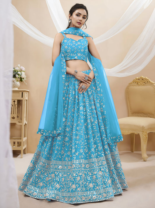 Sky Blue Sequins Zari Embroidered Georgette Lehenga for Wedding Guest