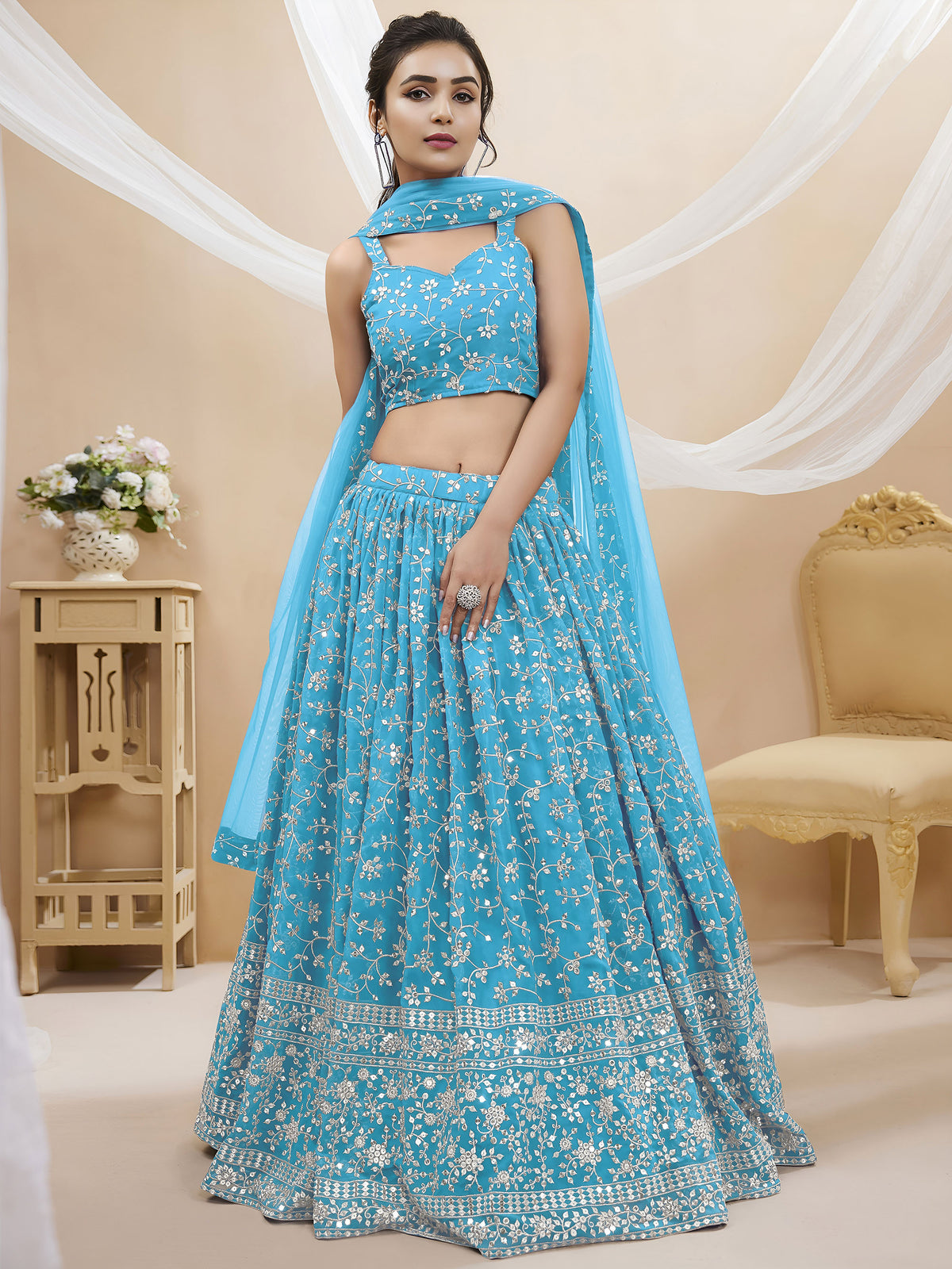 Sky Blue Sequins Zari Embroidered Georgette Lehenga for Wedding Guest