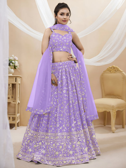 Lavender Sequins Zari Embroidered Georgette Lehenga for Wedding Guest