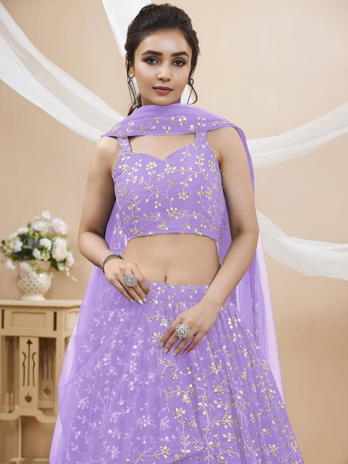 Lavender Sequins Zari Embroidered Georgette Lehenga for Wedding Guest