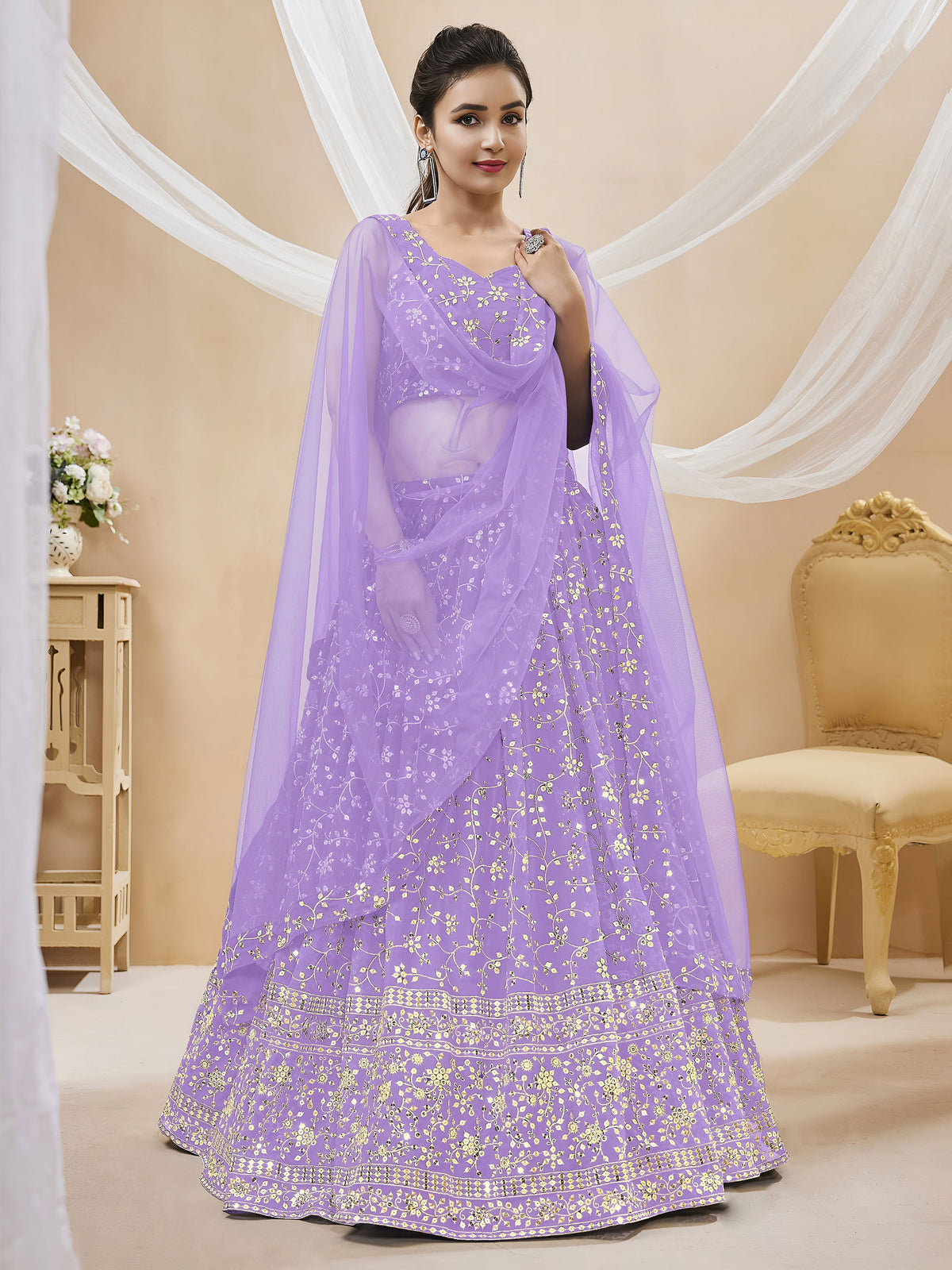 Lavender Sequins Zari Embroidered Georgette Lehenga for Wedding Guest