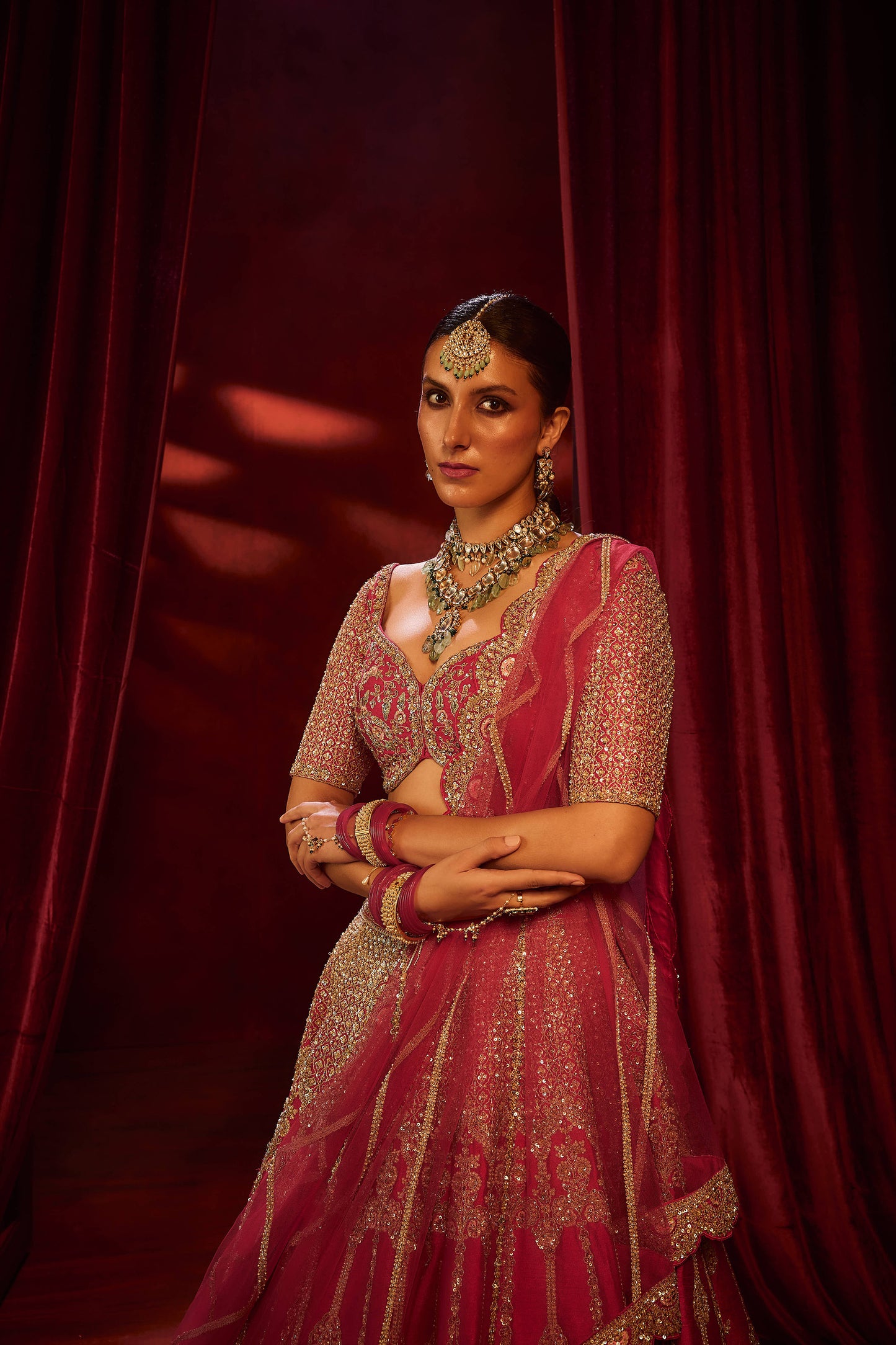 Cherry Red Raw Silk Hand & Machine Embroidered Lehenga Set