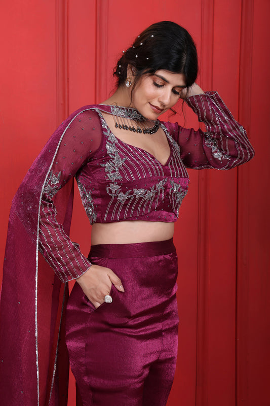 Pansy Purple Heavy Hand Embroidered Full Fitted Sleeves Choli With Pant & Choker Dupatta