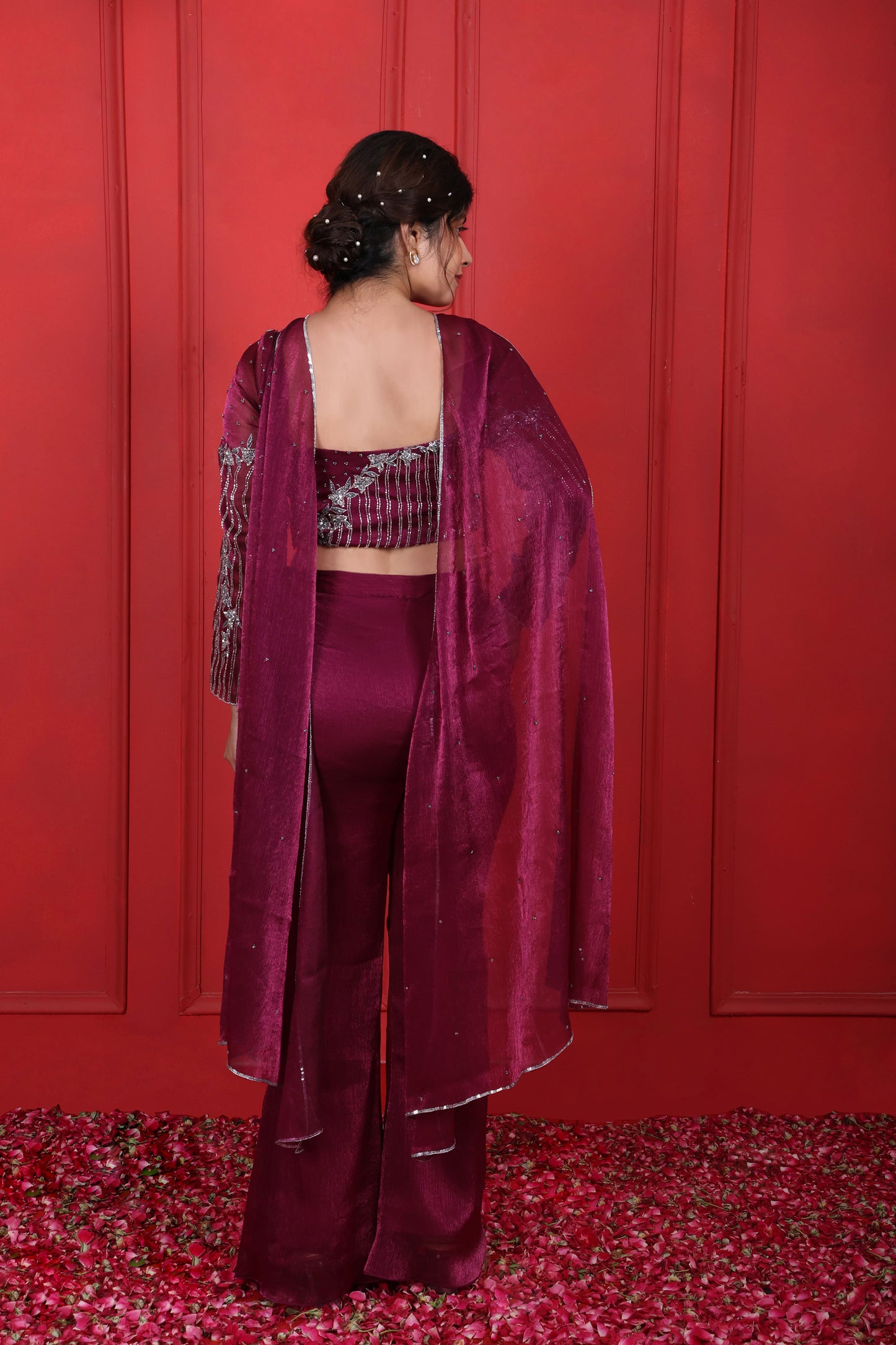 Pansy Purple Heavy Hand Embroidered Full Fitted Sleeves Choli With Pant & Choker Dupatta