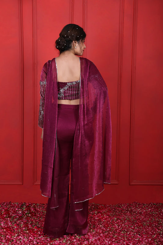 Pansy Purple Heavy Hand Embroidered Full Fitted Sleeves Choli With Pant & Choker Dupatta