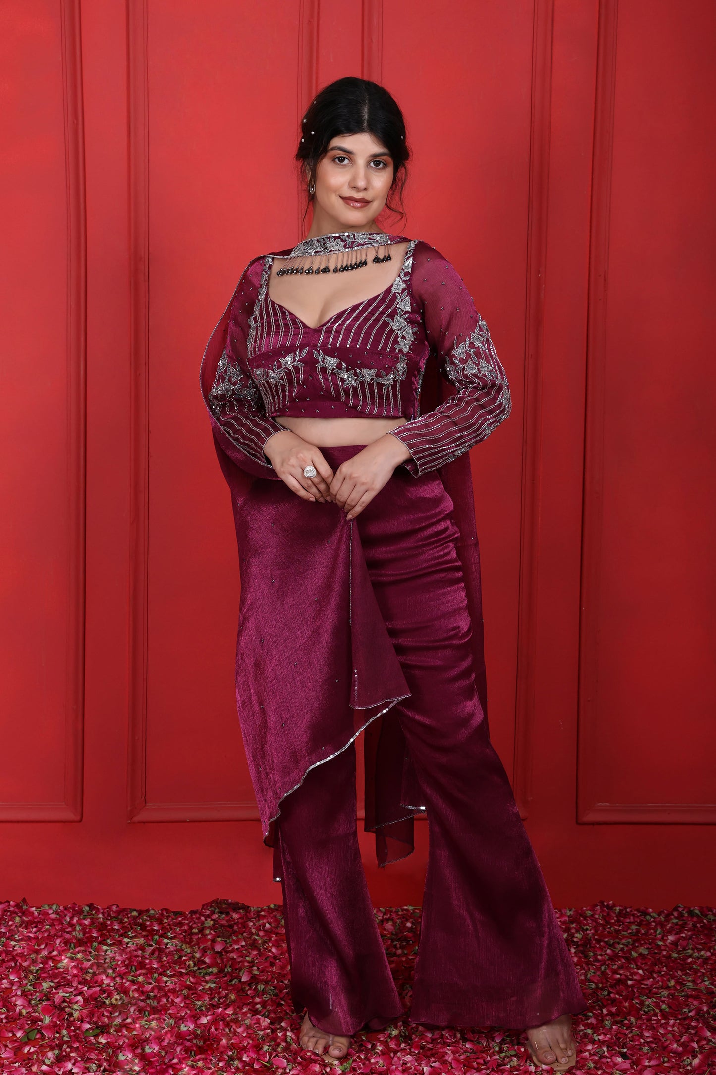 Pansy Purple Heavy Hand Embroidered Full Fitted Sleeves Choli With Pant & Choker Dupatta